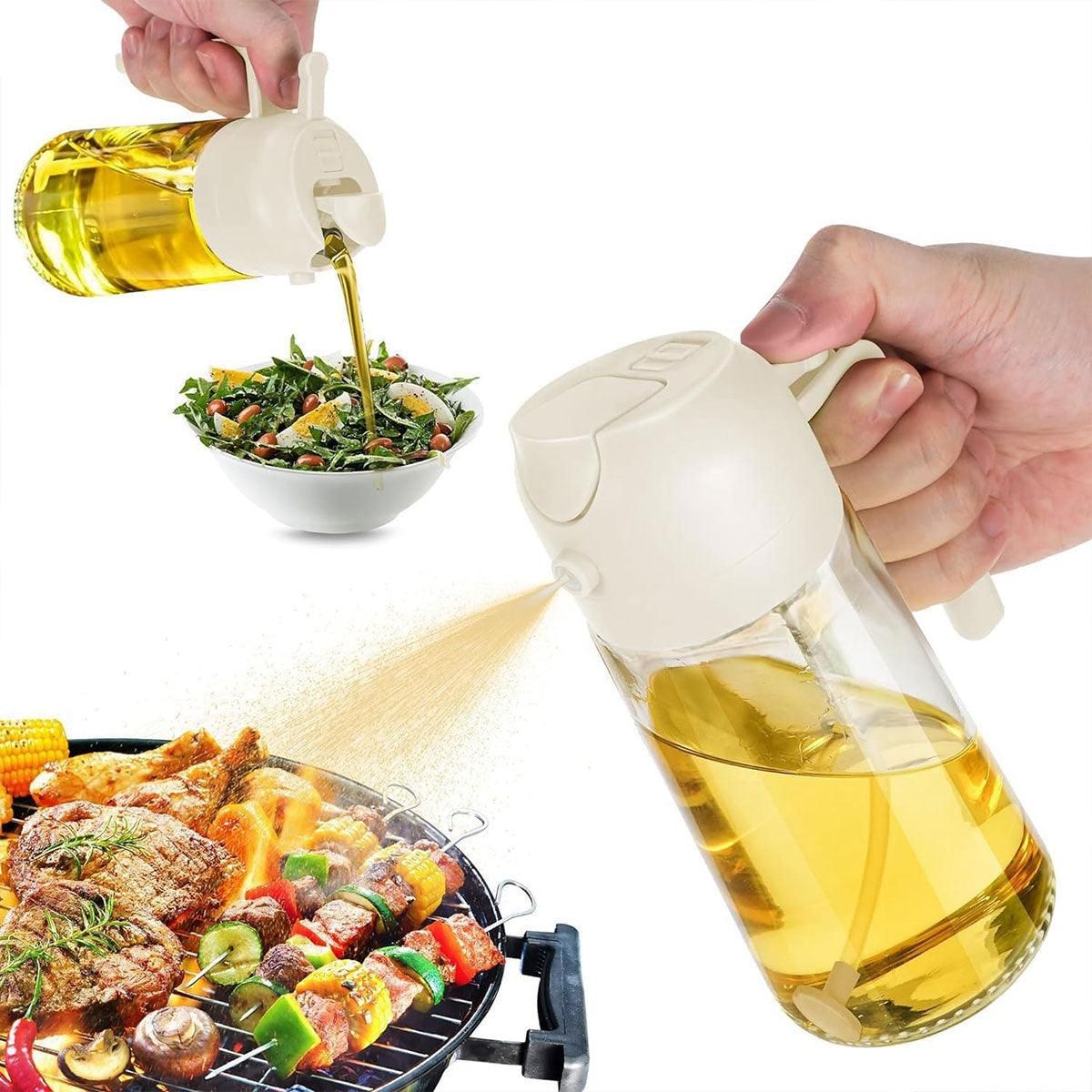2-in-1 470ml Glass Oil Bottle Spray Pour Automatic Pressure Control Kitchen Tool - Beige