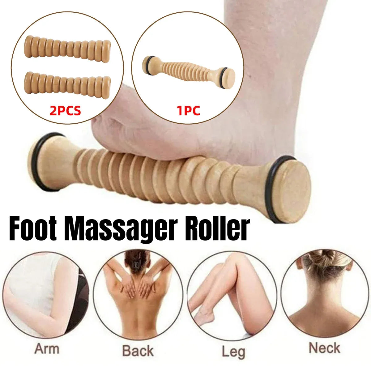 Wooden Foot Massage Roller Stick Manual Massager Tool for Feet Legs Arms - 18.5x4x4cm-2pcs