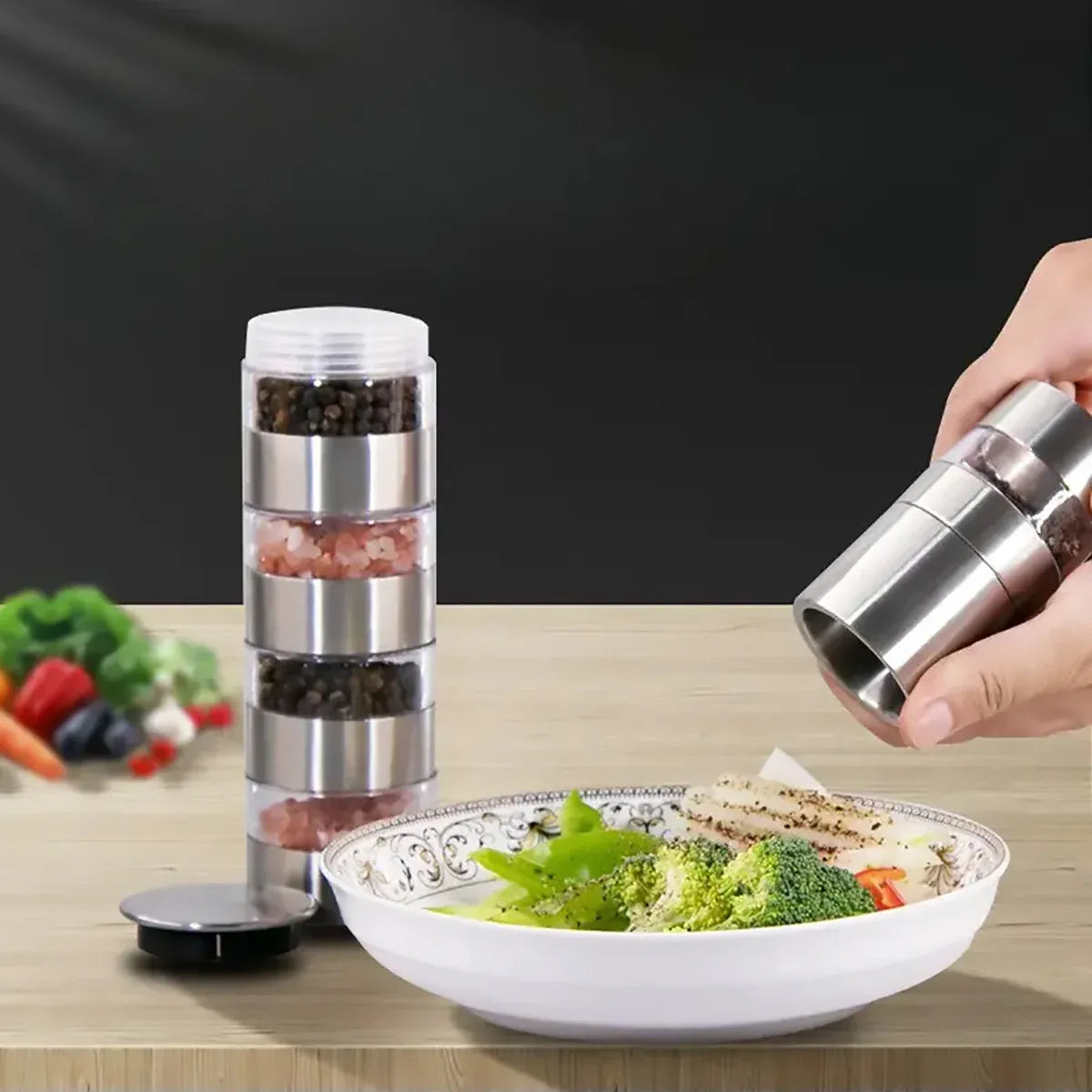 5 in 1 Stainless Steel Salt and Pepper Grinder Manual Spice Grinder Bottle Kitchen