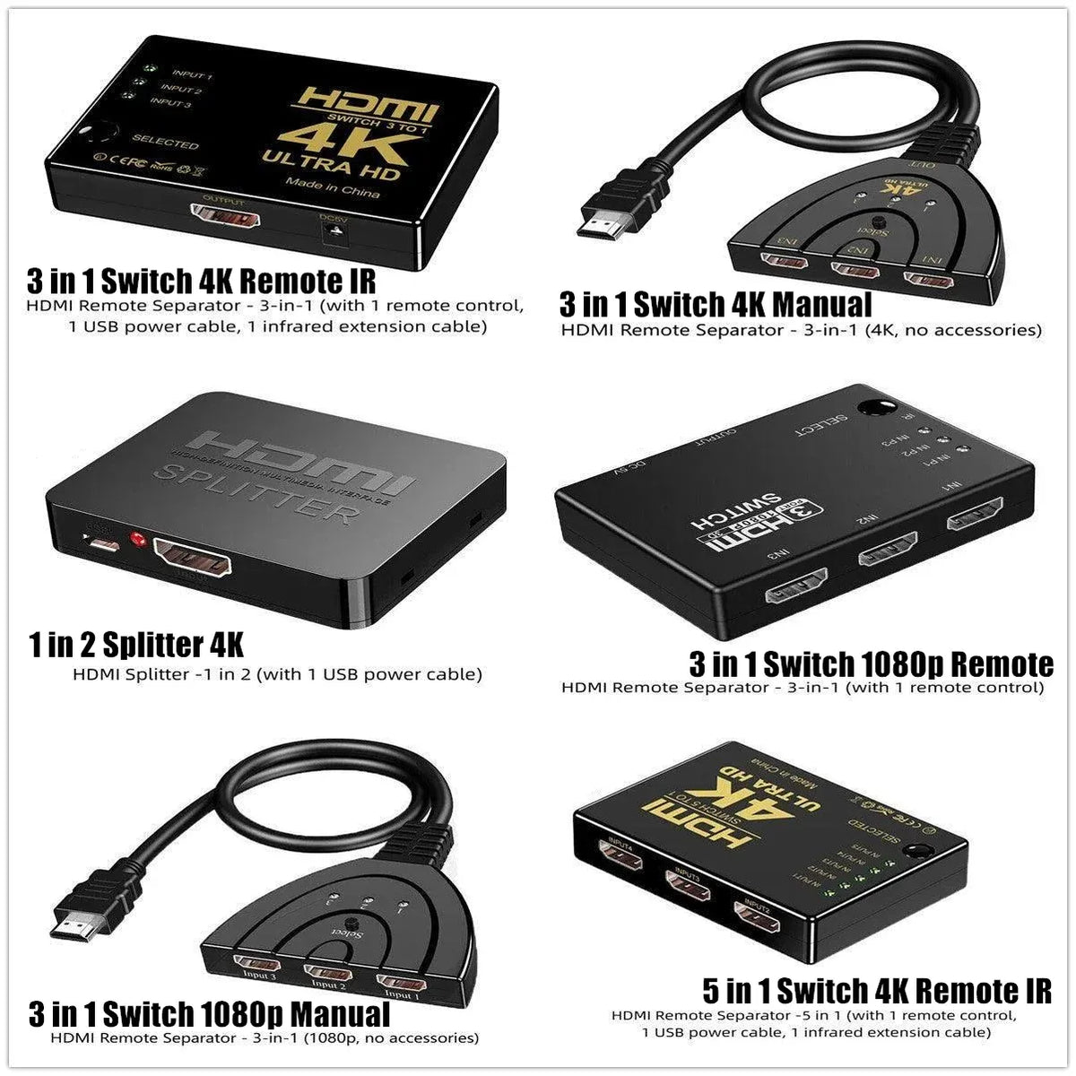 HDMI Switch Splitter 3-in-1 5-in-1 or 1-in-2 1080p 4K Manual or Remote Options - 5 in 1 Switch 4K Remote IR