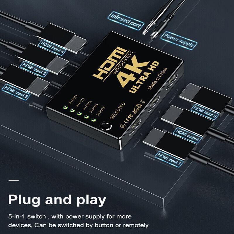HDMI Switch Splitter 3-in-1 5-in-1 or 1-in-2 1080p 4K Manual or Remote Options - 5 in 1 Switch 4K Remote IR