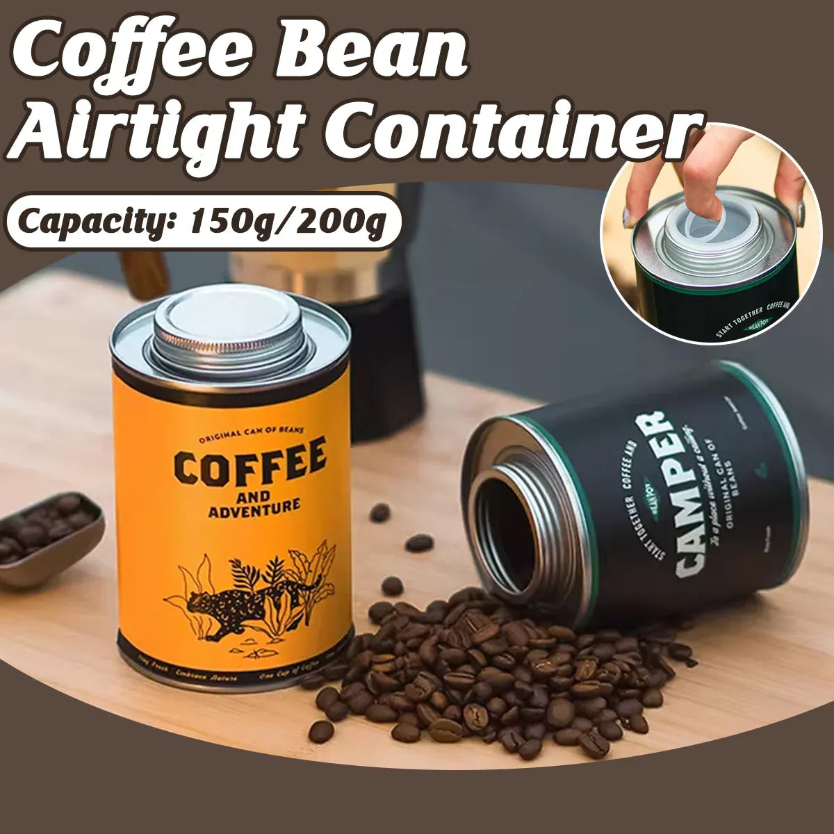 Coffee Bean Storage Canister with Valve Portable Tin Container for Travel - Yellow