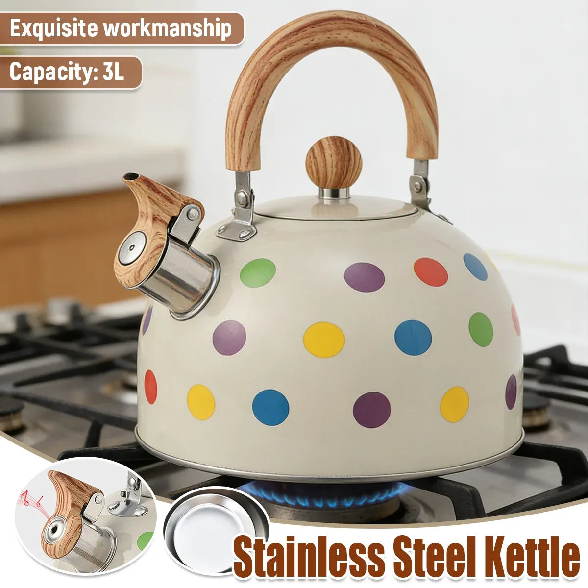 3L Stainless Steel Polka Dot Whistling Kettle Wooden Handle Gas Electric Stove