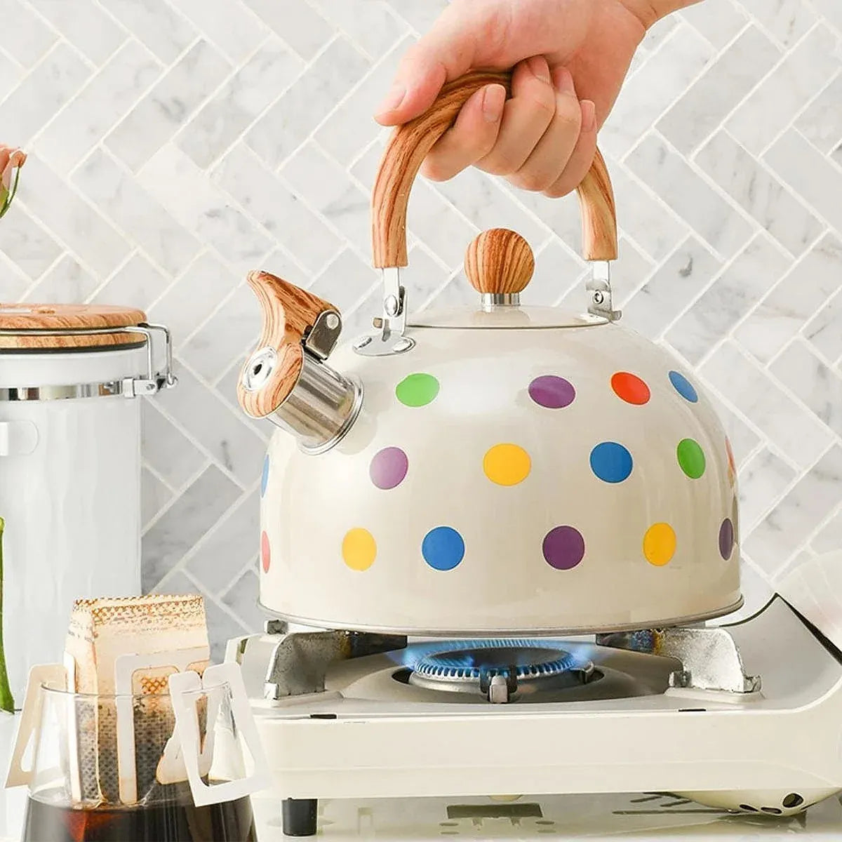 3L Stainless Steel Polka Dot Whistling Kettle Wooden Handle Gas Electric Stove