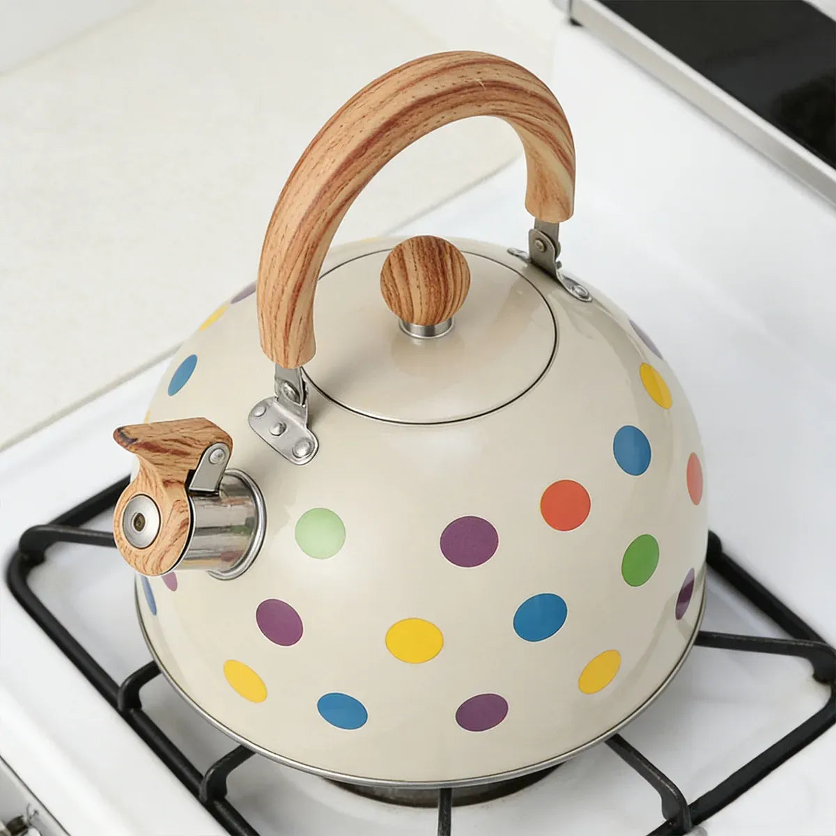 3L Stainless Steel Polka Dot Whistling Kettle Wooden Handle Gas Electric Stove