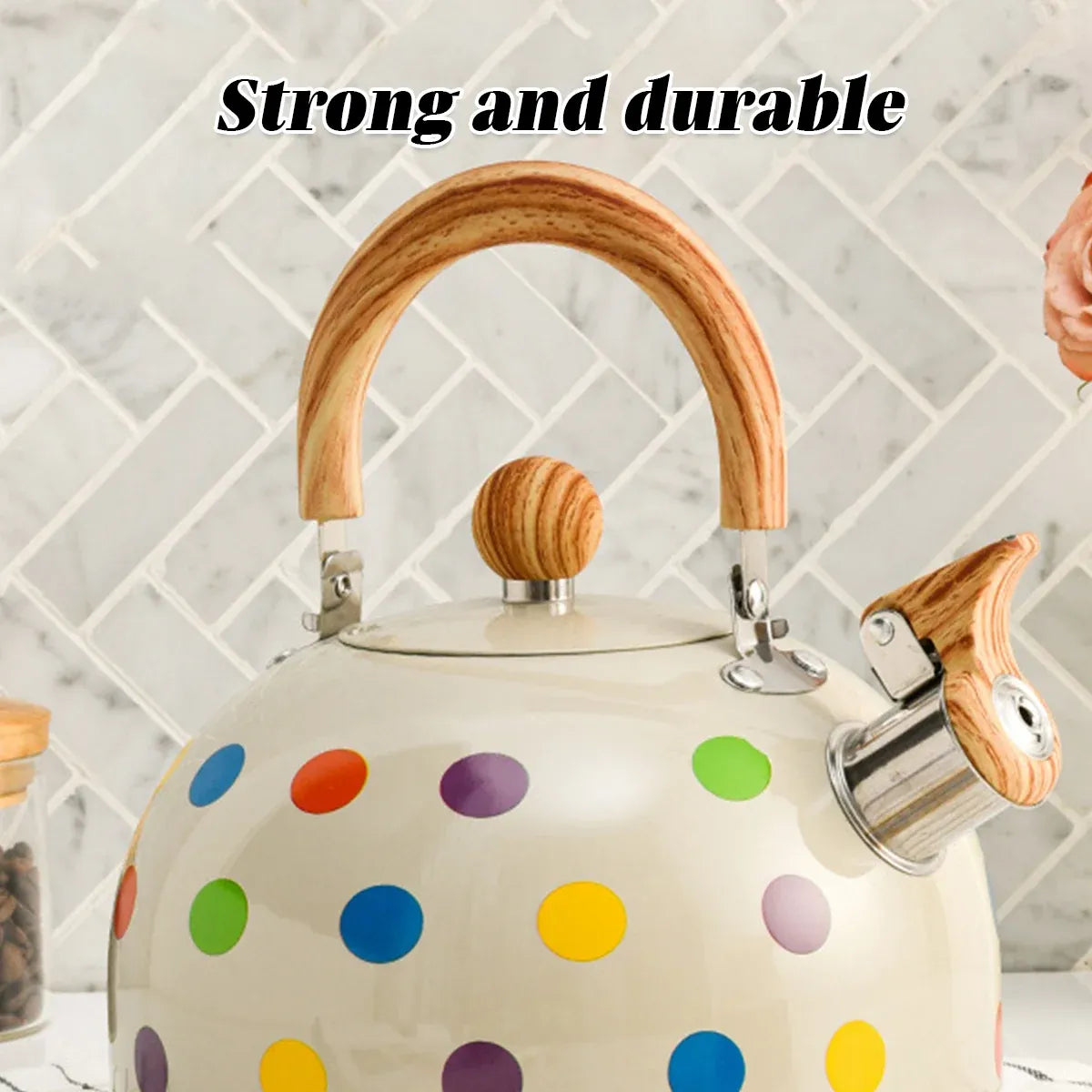 3L Stainless Steel Polka Dot Whistling Kettle Wooden Handle Gas Electric Stove