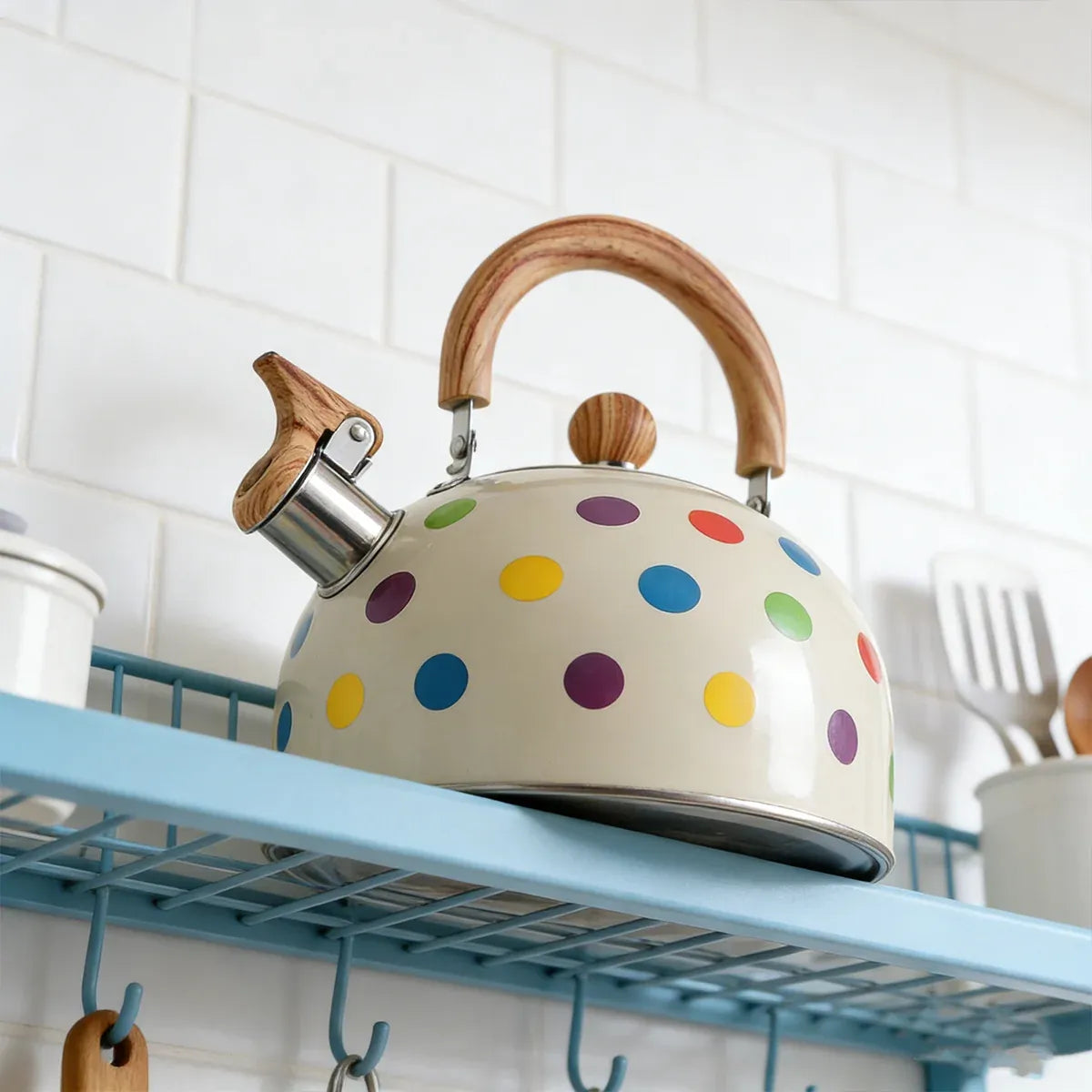 3L Stainless Steel Polka Dot Whistling Kettle Wooden Handle Gas Electric Stove