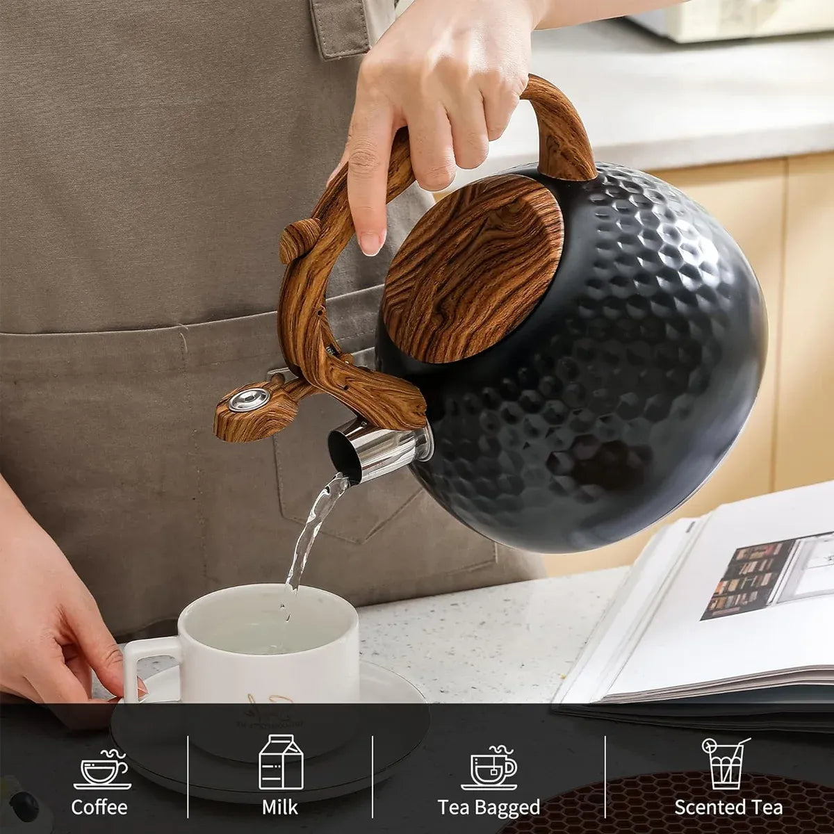 3L Stainless Steel Whistling Kettle Hammer Pattern Induction Gas Teapot Use - Black