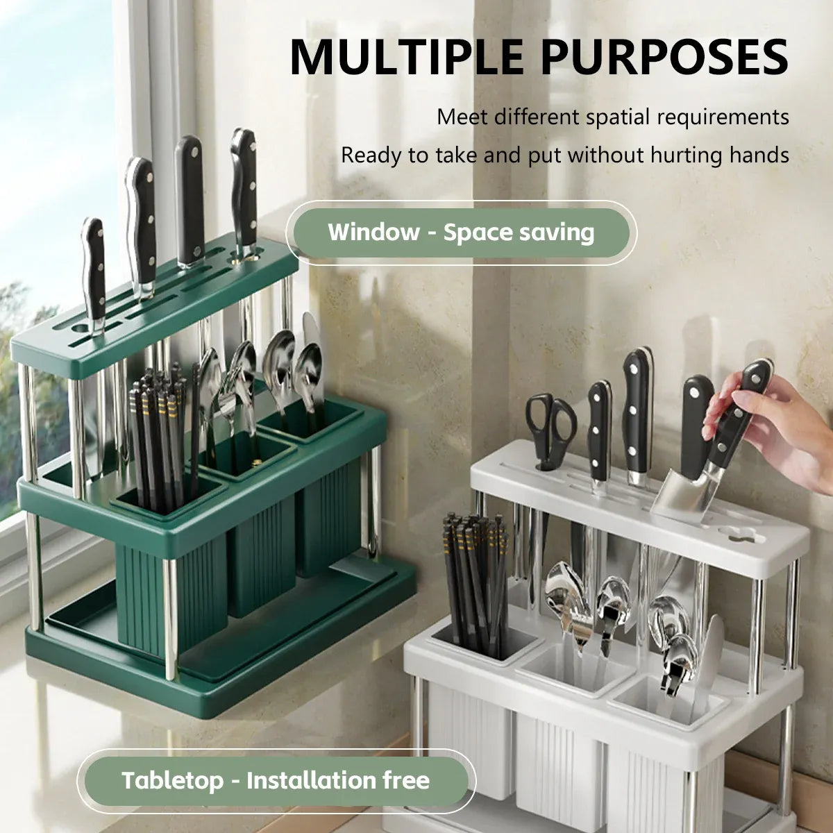 Multifunctional Kitchen Countertop Knife Block Holder with Drain Tray