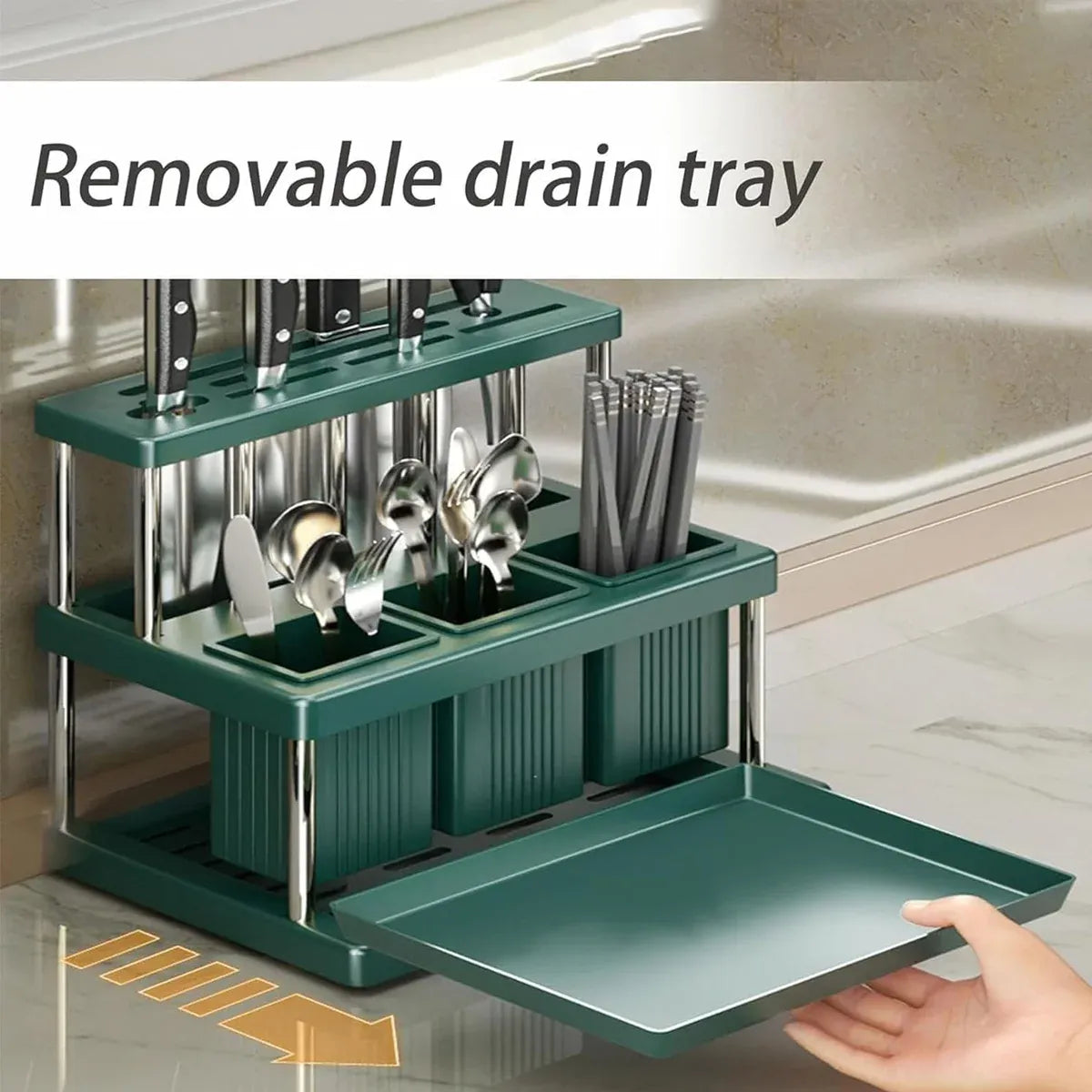 Multifunctional Kitchen Countertop Knife Block Holder with Drain Tray