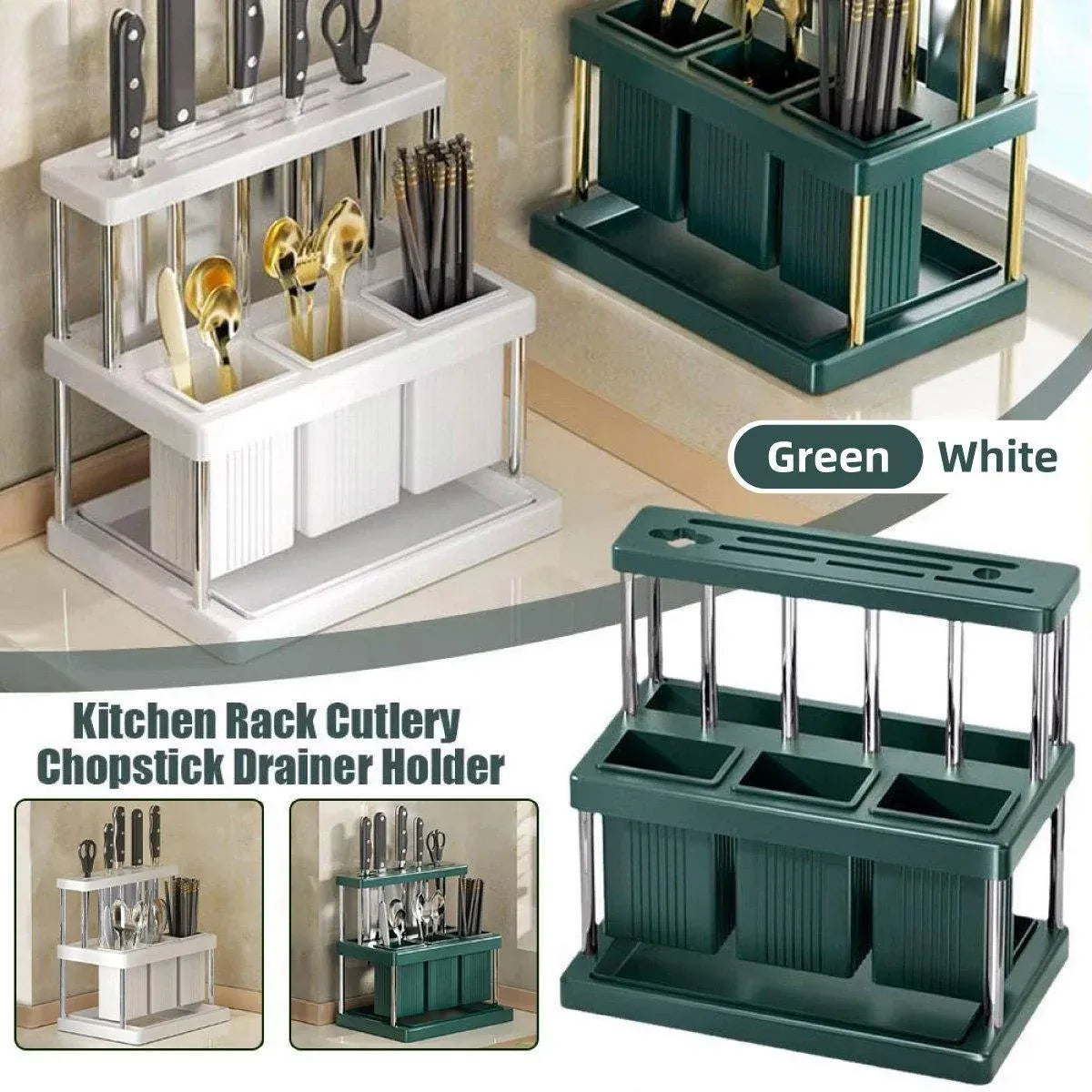 Cutlery Holder Storage Caddy Kitchen Utensil Drying Rack For Spoon Fork Knife - Green