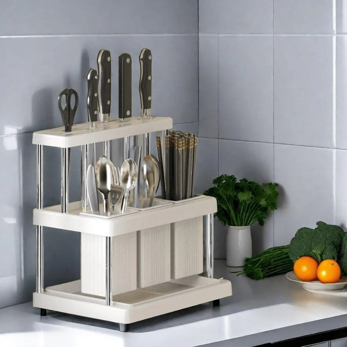 Cutlery Holder Storage Caddy Kitchen Utensil Drying Rack For Spoon Fork Knife - Green
