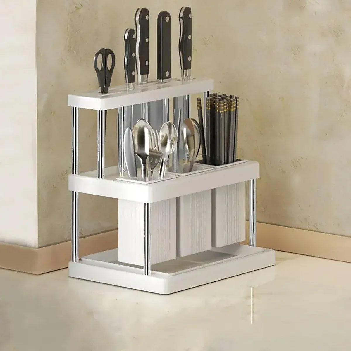 Cutlery Holder Storage Caddy Kitchen Utensil Drying Rack For Spoon Fork Knife - White