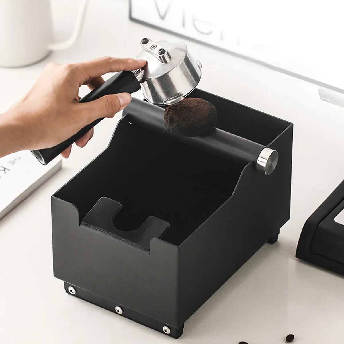Coffee Knock Box with Powder Press Holder PTFE-Coated Metal Black