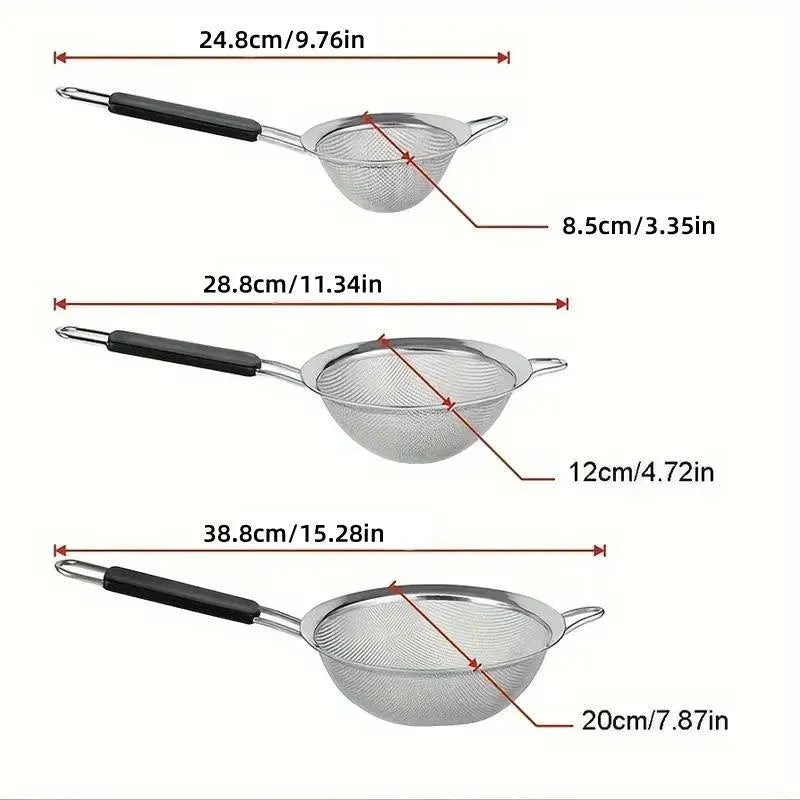 3pcs Stainless Steel Strainer Sifter for Soya Milk Flour Tea Juice Leak Proof