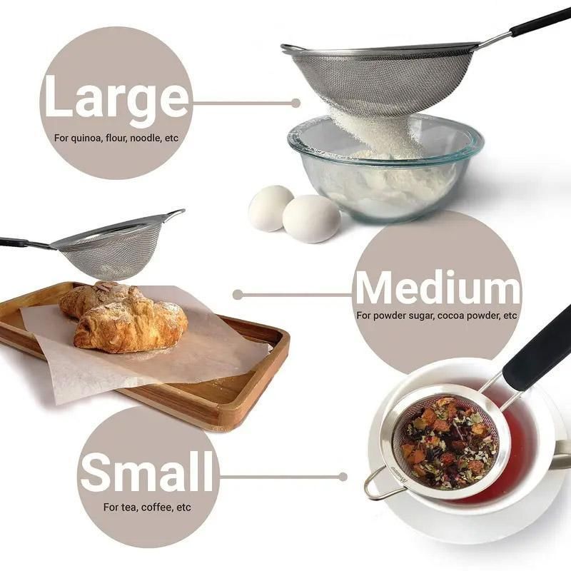 3pcs Stainless Steel Strainer Sifter for Soya Milk Flour Tea Juice Leak Proof