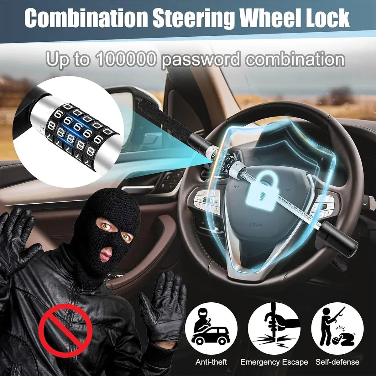 Car Steering Wheel Lock Anti Theft Security Code Lock for Vehicle Protection Use - Black