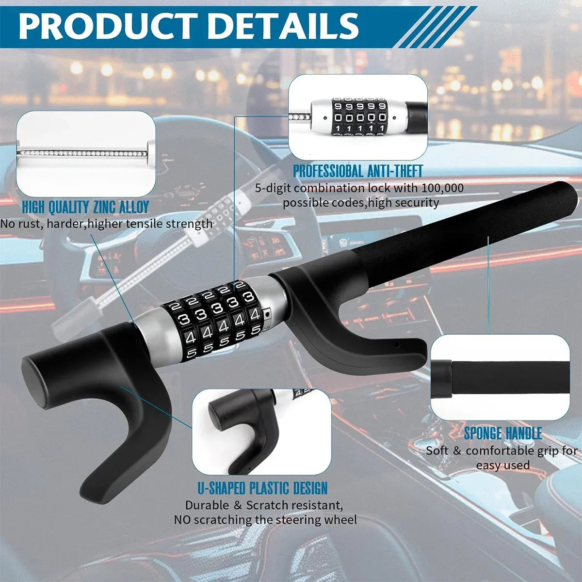 Car Steering Wheel Lock Anti Theft Security Code Lock for Vehicle Protection Use - Black