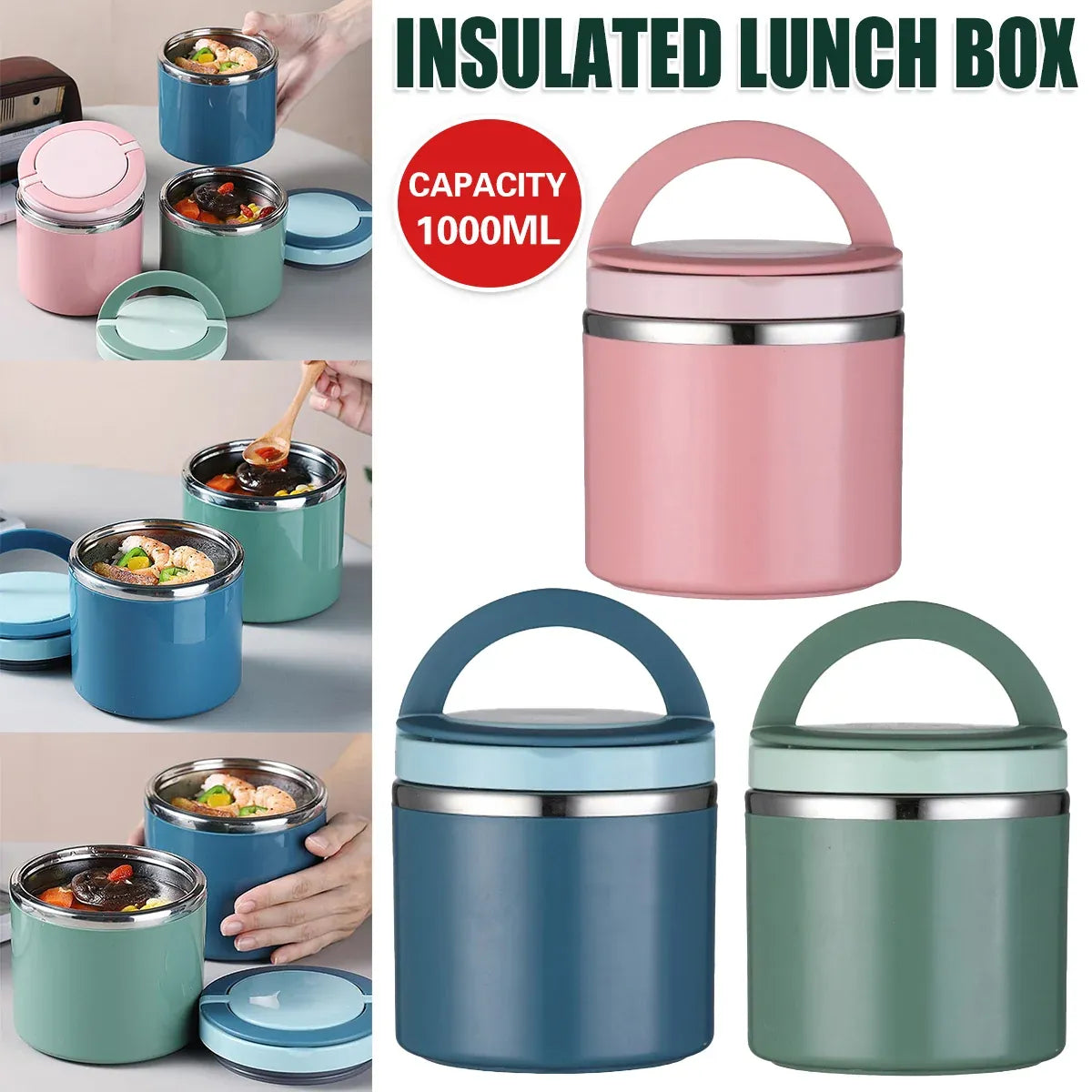 1L Large Capacity Stainless Steel Insulated Lunch Box Food Container Durable - Pink