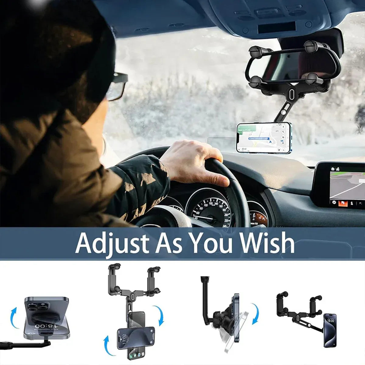 Mobile Phone Rearview Mirror Holder Strong Grip Fits Most Smartphones Car Use