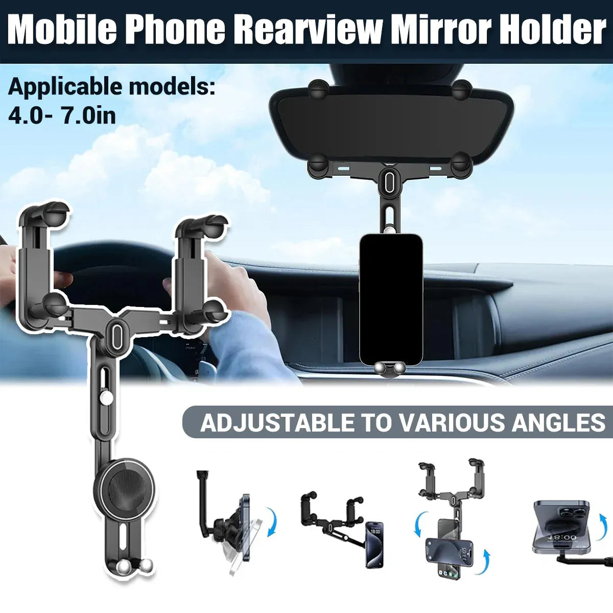 Mobile Phone Rearview Mirror Holder Strong Grip Fits Most Smartphones Car Use