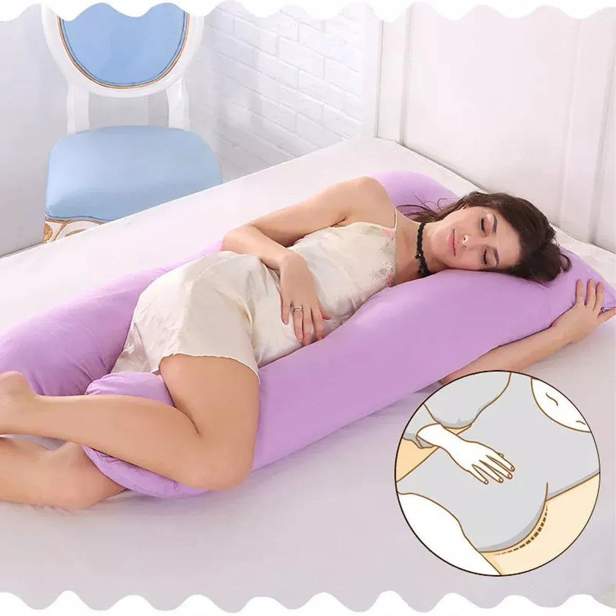 U-shaped All-Cotton Maternity Pillow Multifunctional Lumbar Side Sleep Cushion - White