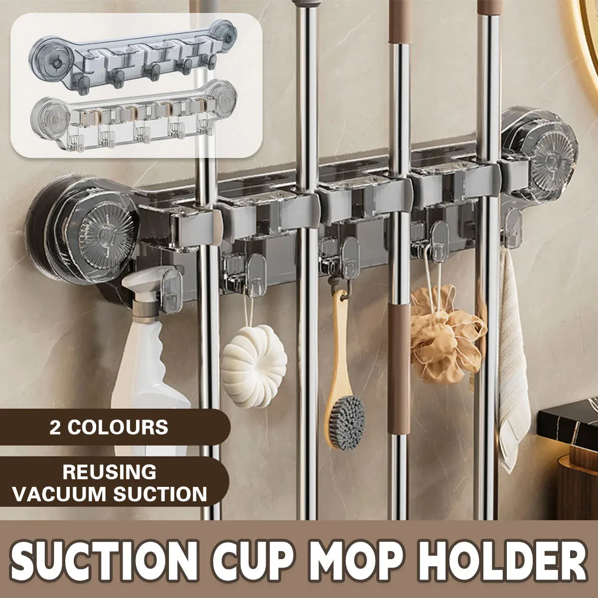 Wall-mounted Mop Fixing Rack Universal Model Strong Suction Cup Bathroom Rack - Grey