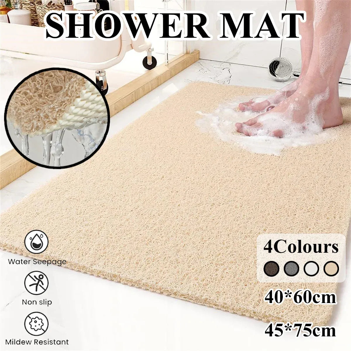 Anti Slip Bathroom Mat Non Slip Shower Floor Mat Quick Dry Soft Comfortable Rug - Beige-45x75cm