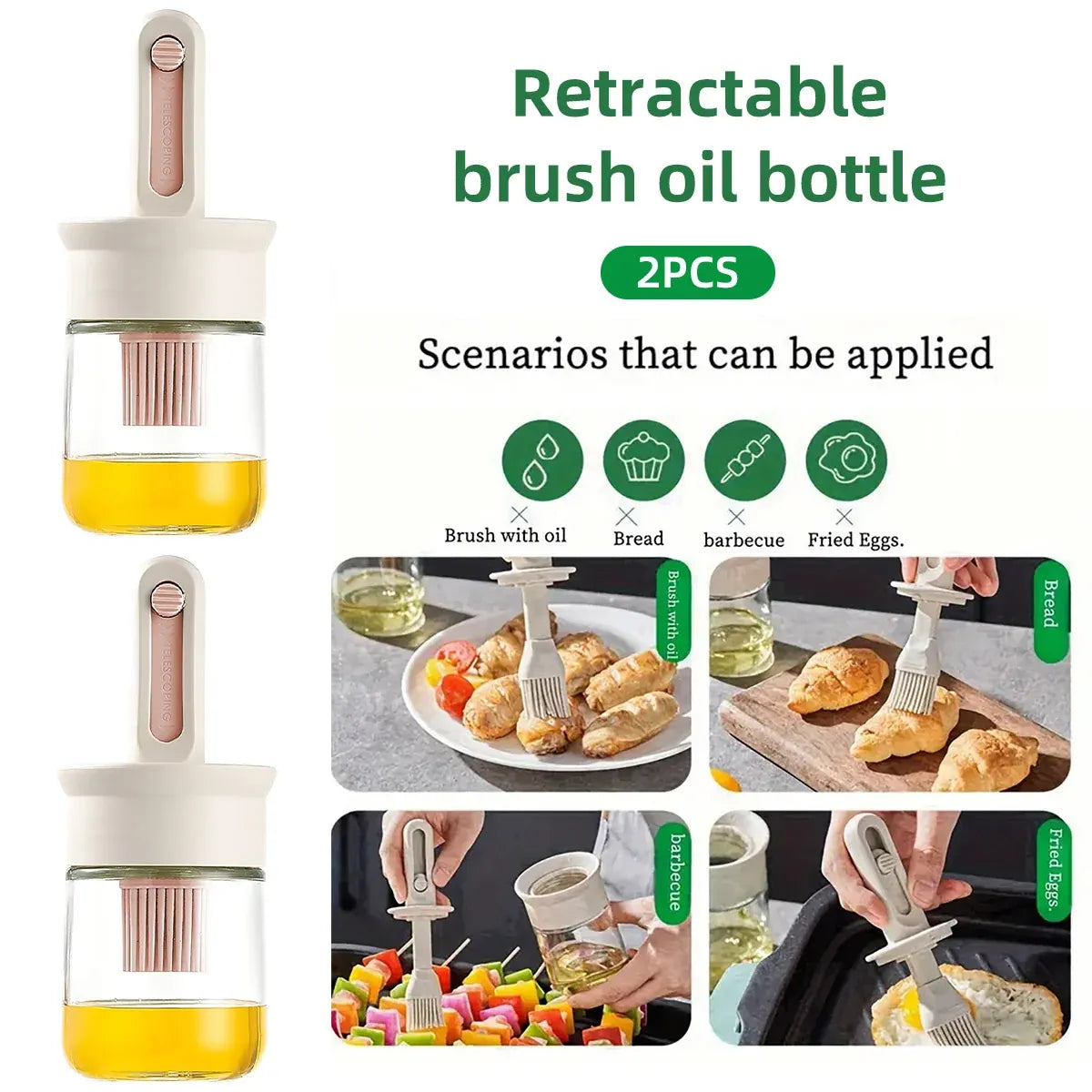 2pcs Glass Oil Bottles with Silicone Brush for Kitchen Cooking Oil Dispenser Set