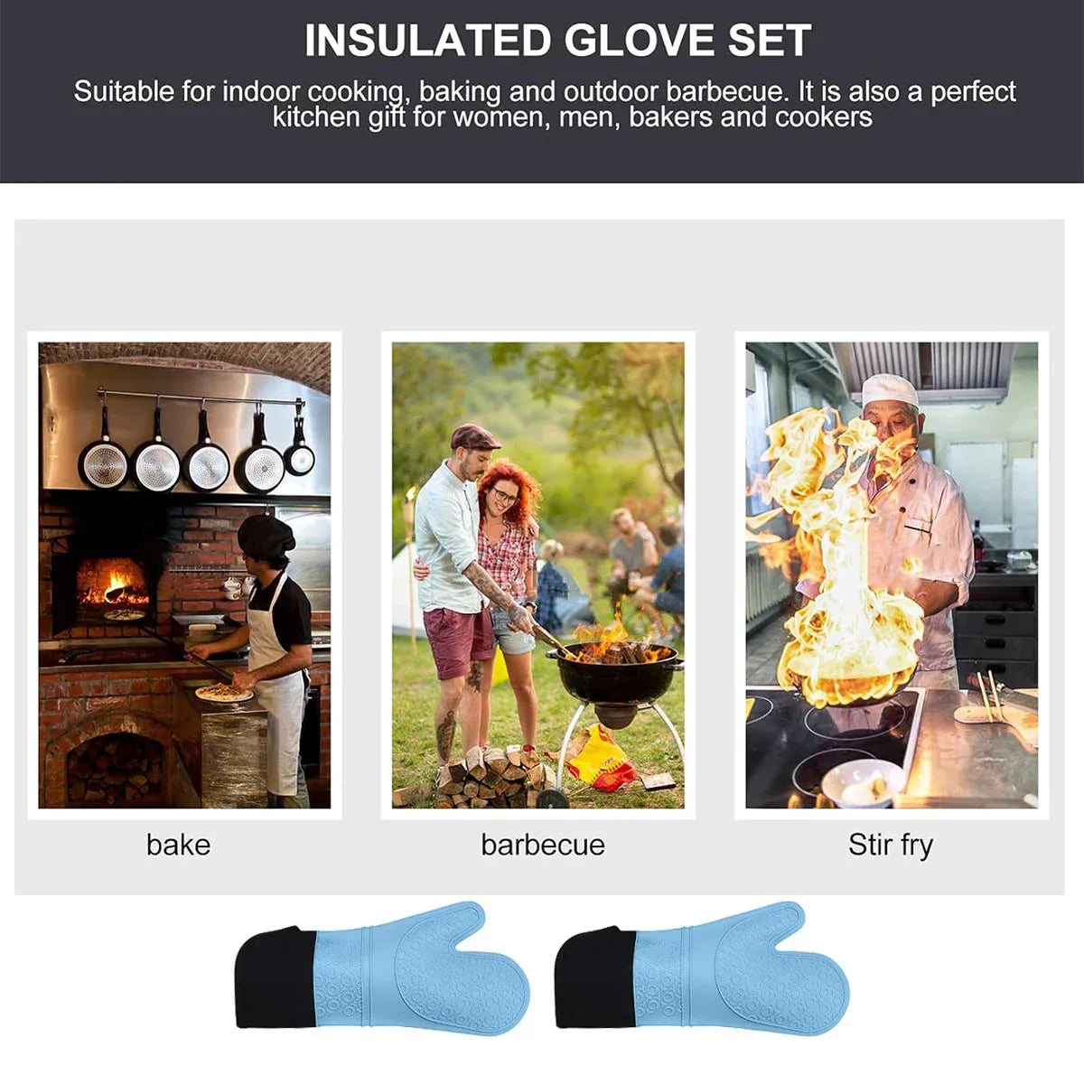 Kitchen Heat Resistant Gloves Pair Cooking Oven Mitts Baking BBQ Insulated Glove - Grey