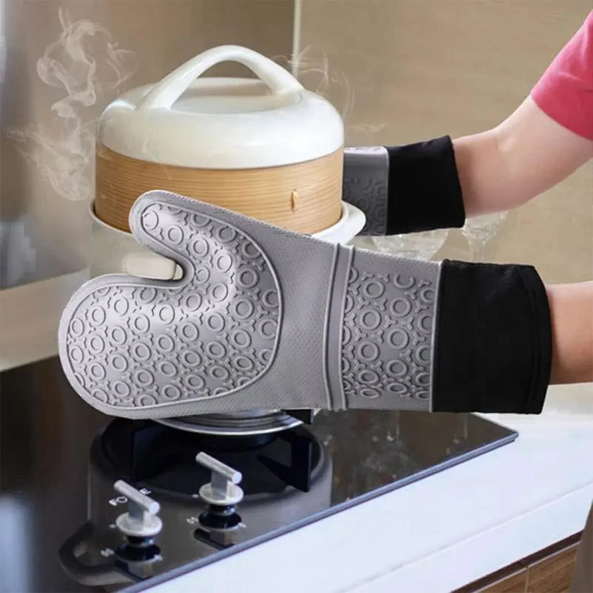 Kitchen Heat Resistant Gloves Pair Cooking Oven Mitts Baking BBQ Insulated Glove - Grey
