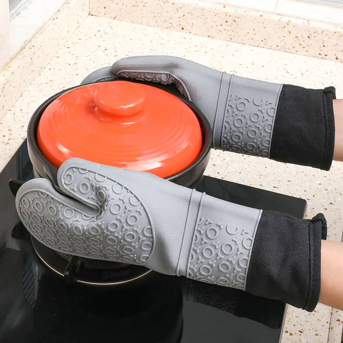Kitchen Heat Resistant Gloves Pair Cooking Oven Mitts Baking BBQ Insulated Glove - Grey