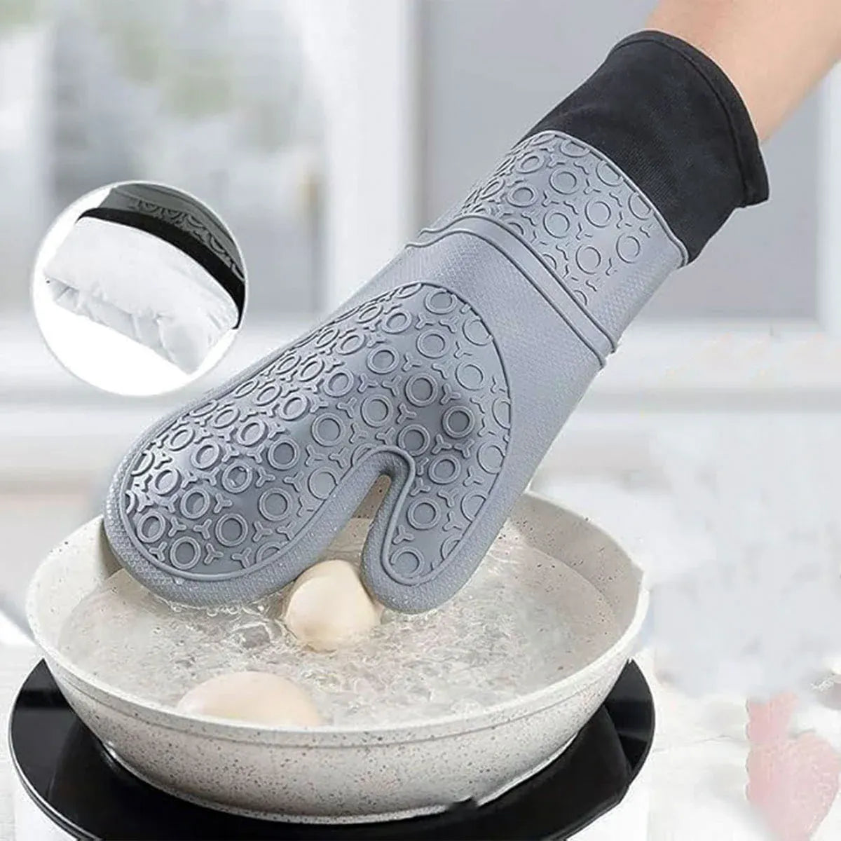 Kitchen Heat Resistant Gloves Pair Cooking Oven Mitts Baking BBQ Insulated Glove - Grey