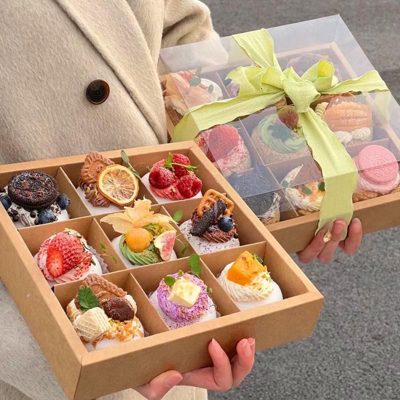 Clear Plastic Nine-grid Cake Box Pack of 10 Storage Containers High Quality - Khaki