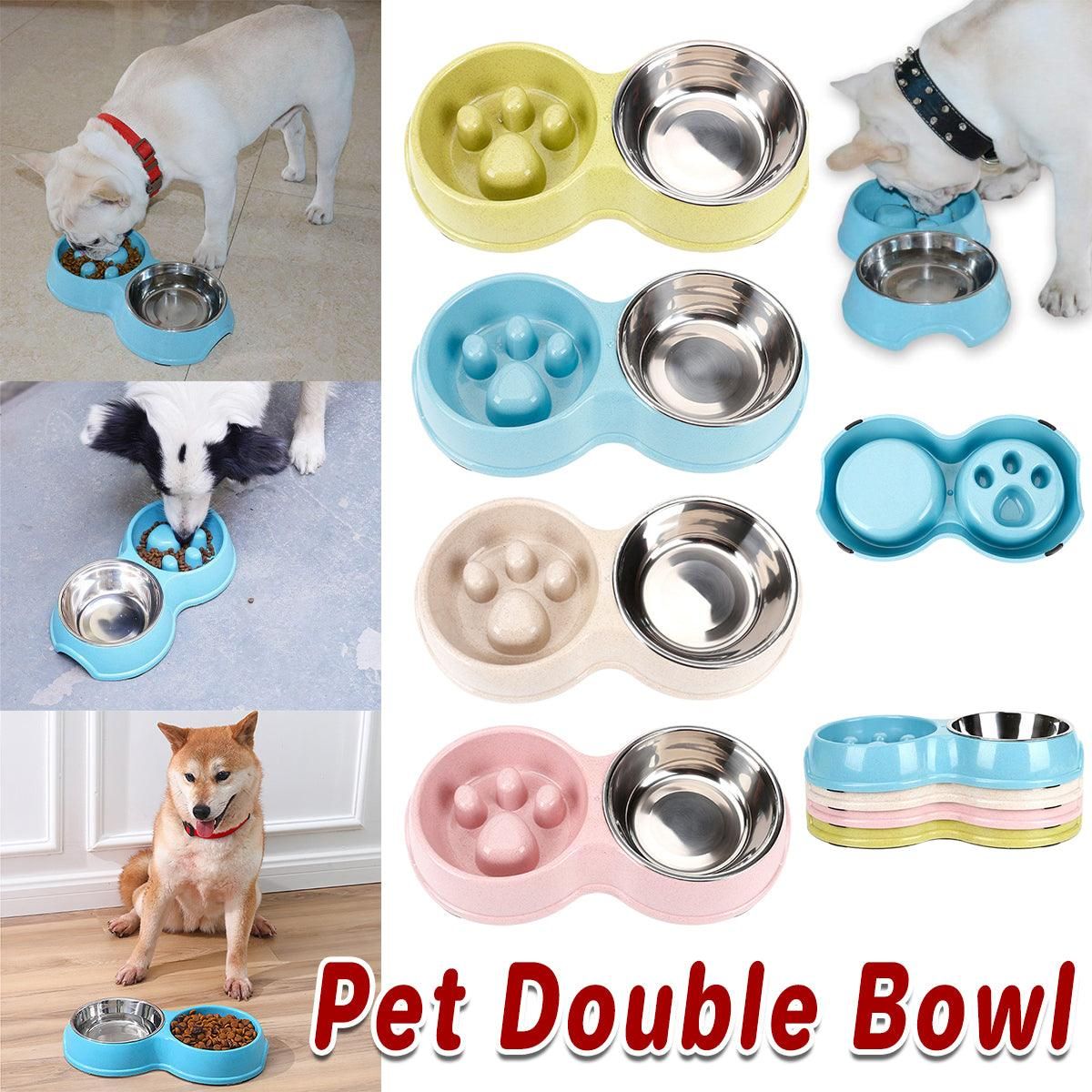 Dog Slow Feeder Double Bowl Pet Food and Water Dish - Blue