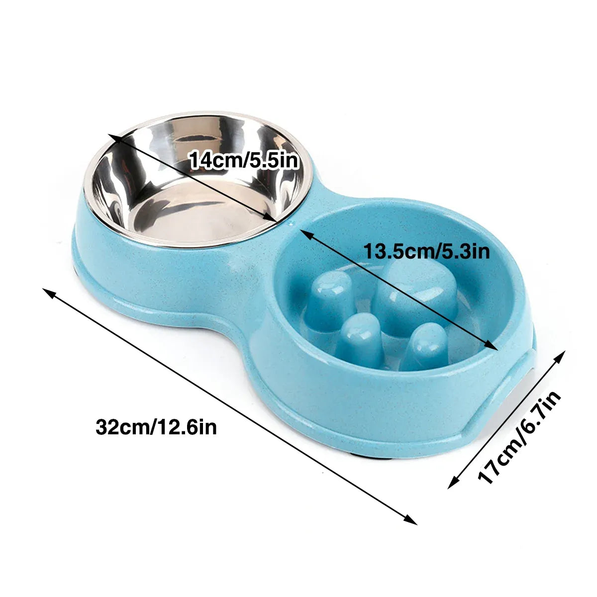 Dog Slow Feeder Double Bowl Pet Food and Water Dish - Blue