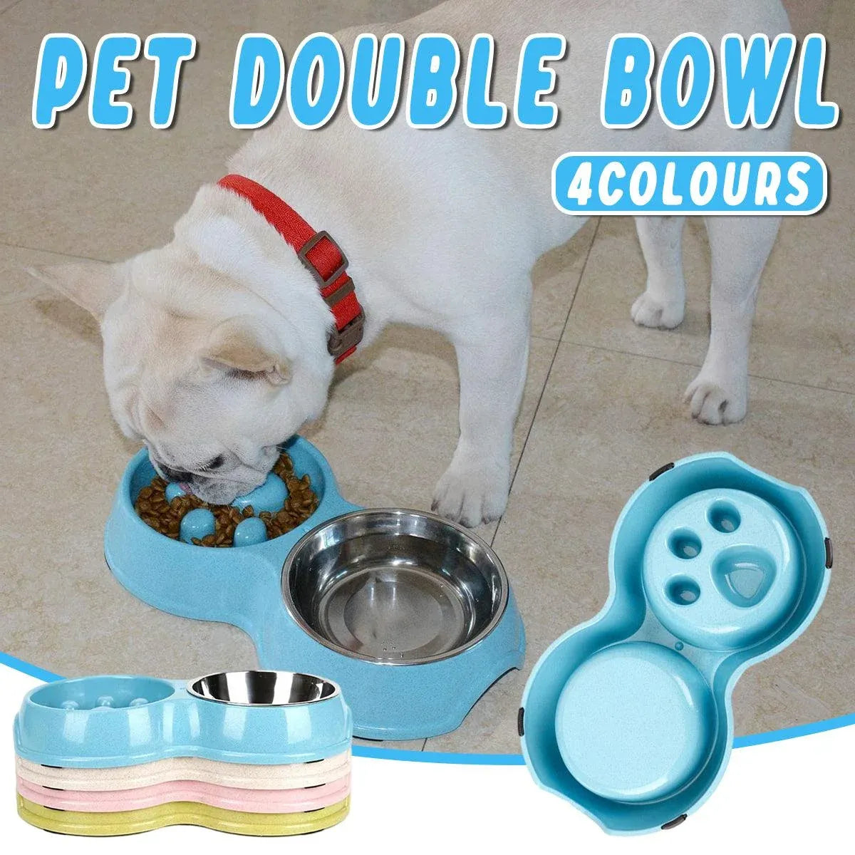Dog Slow Feeder Double Bowl Pet Food and Water Dish - Blue