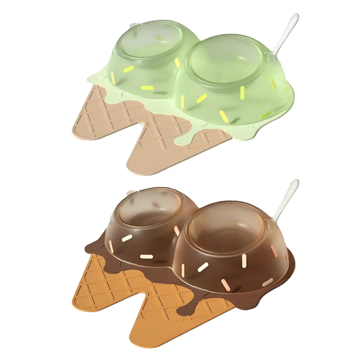 Detachable Ice Cream Shaped Bowls Pet Set Feeding Mat Spoon Cats Small Dogs - Brown