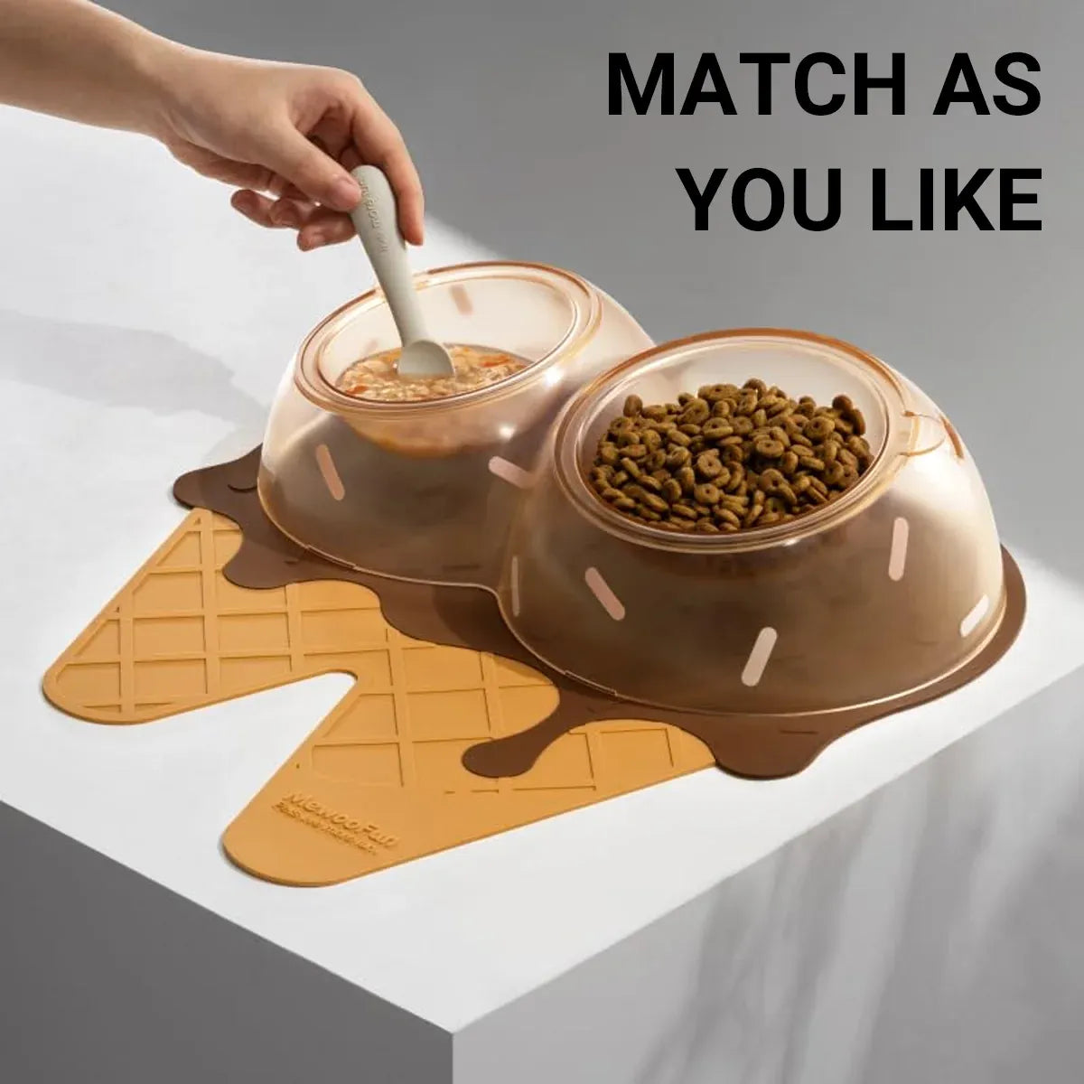 Detachable Ice Cream Shaped Bowls Pet Set Feeding Mat Spoon Cats Small Dogs - Brown