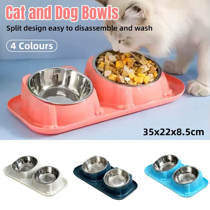 Cat Dog Food Bowl Double Slanted Mouth Feeding Water Dish Raised Pet Bowl Stand - Dark Blue