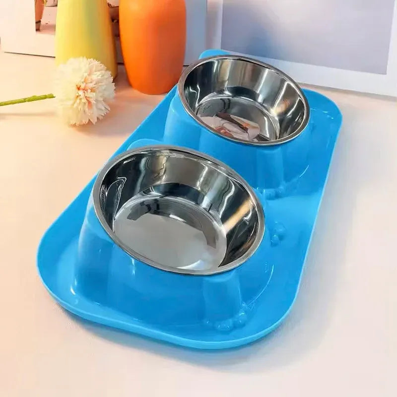 Cat Dog Food Bowl Double Slanted Mouth Feeding Water Dish Raised Pet Bowl Stand - Dark Blue