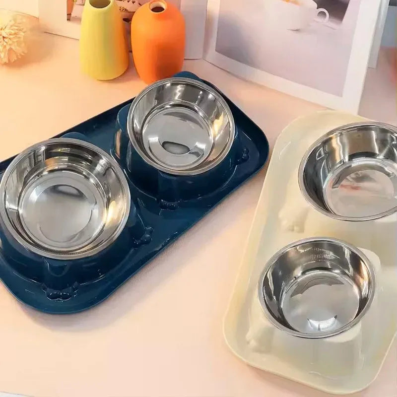 Cat Dog Food Bowl Double Slanted Mouth Feeding Water Dish Raised Pet Bowl Stand - Dark Blue