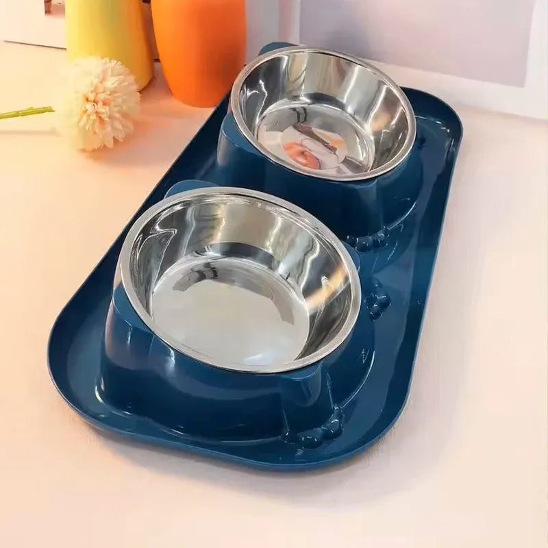 Cat Dog Food Bowl Double Slanted Mouth Feeding Water Dish Raised Pet Bowl Stand - Dark Blue