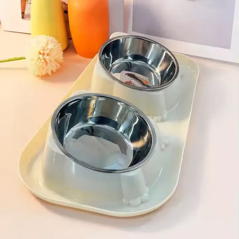 Cat Dog Food Bowl Double Slanted Mouth Feeding Water Dish Raised Pet Bowl Stand - Dark Blue