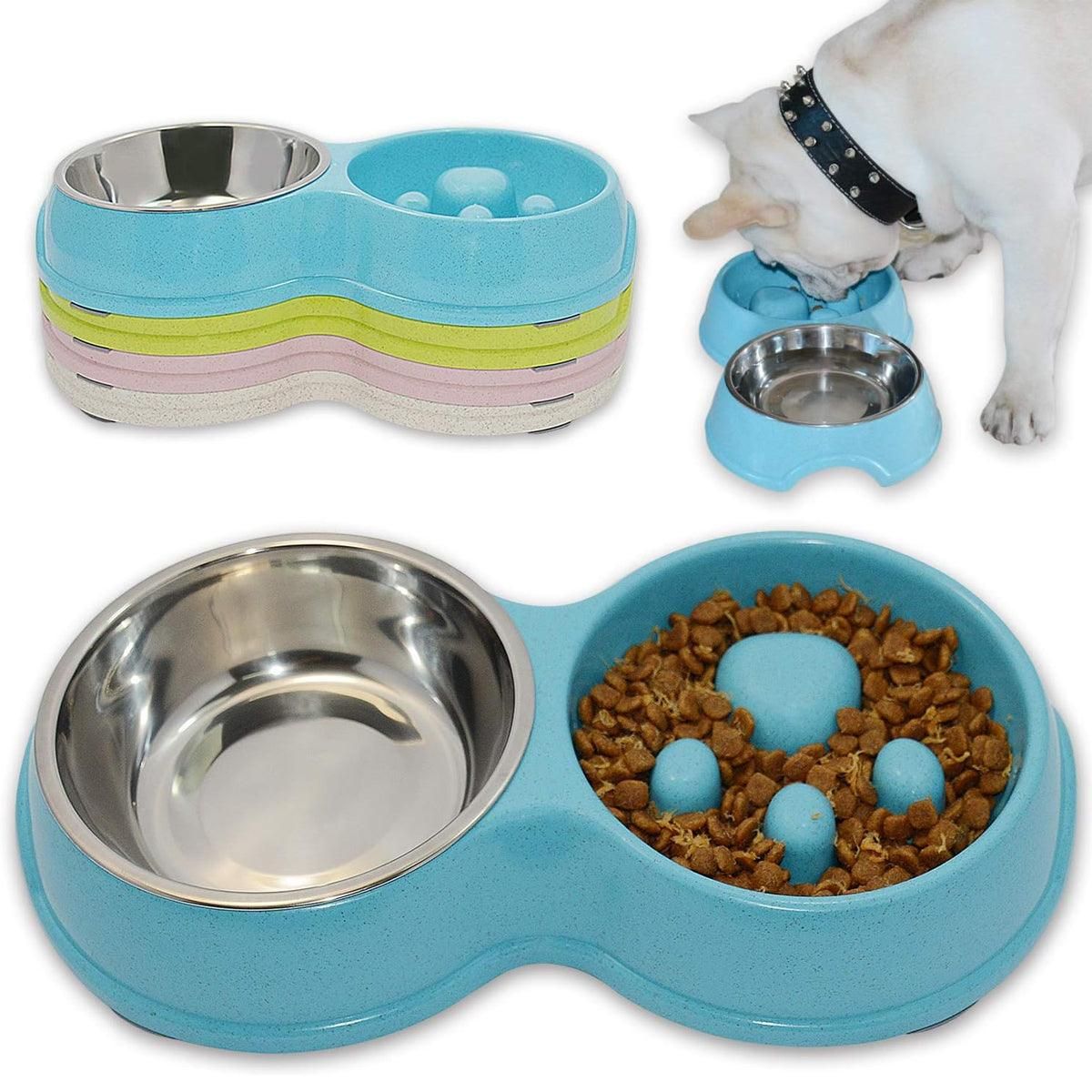 Dog Slow Feeder Double Bowl Pet Food and Water Dish - Green