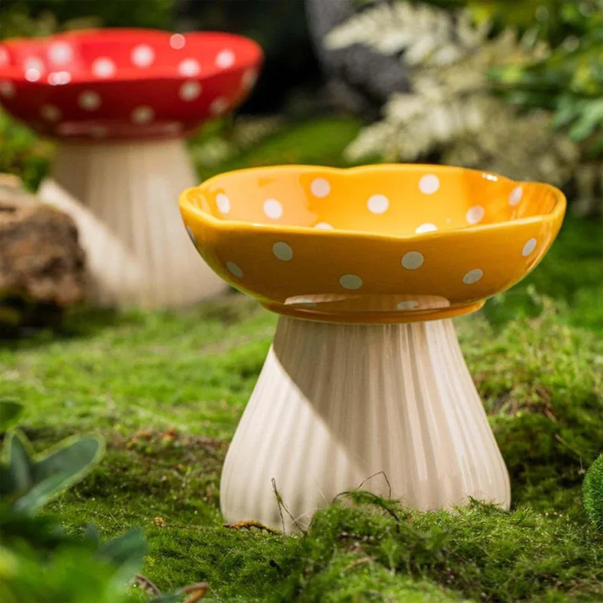 Pet Elevated Mushroom Bowl Ceramic Cat Dog Bowl Dish Food Feeder Raised Cat Bowl - Red