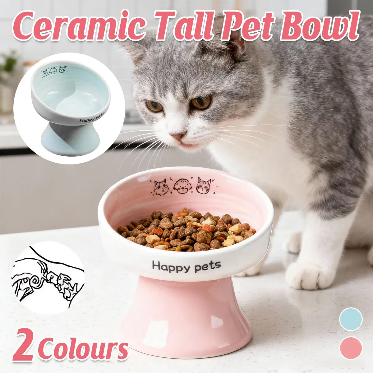 Tall Raised Ceramic Pet Bowl for Cats and Small Dogs in Blue or Pink - Pink