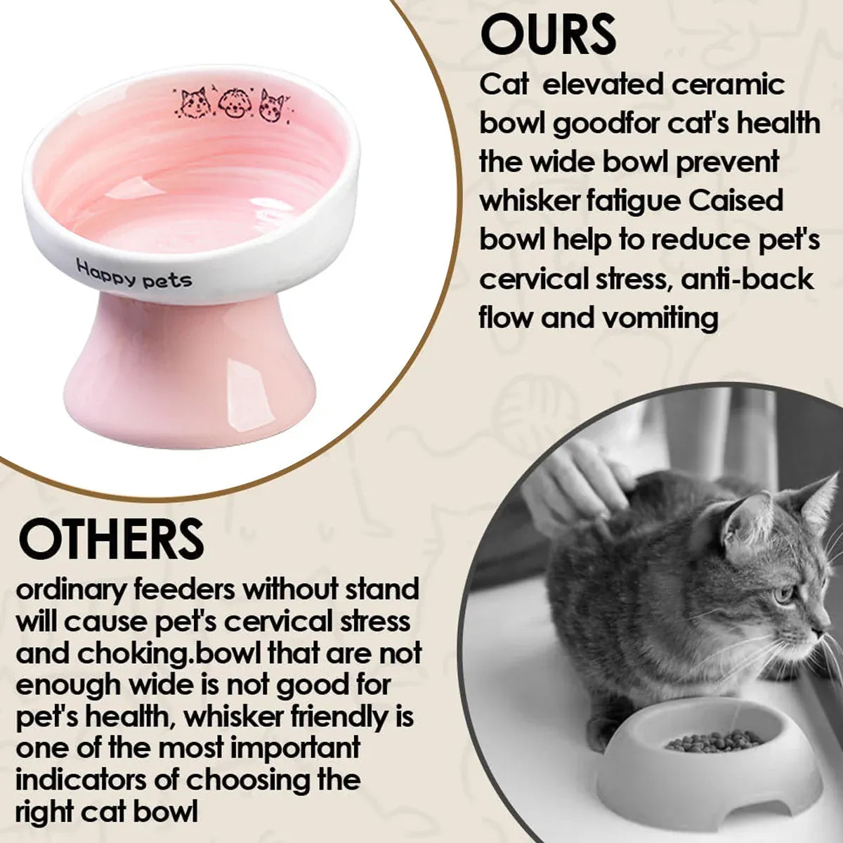 Tall Raised Ceramic Pet Bowl for Cats and Small Dogs in Blue or Pink - Pink