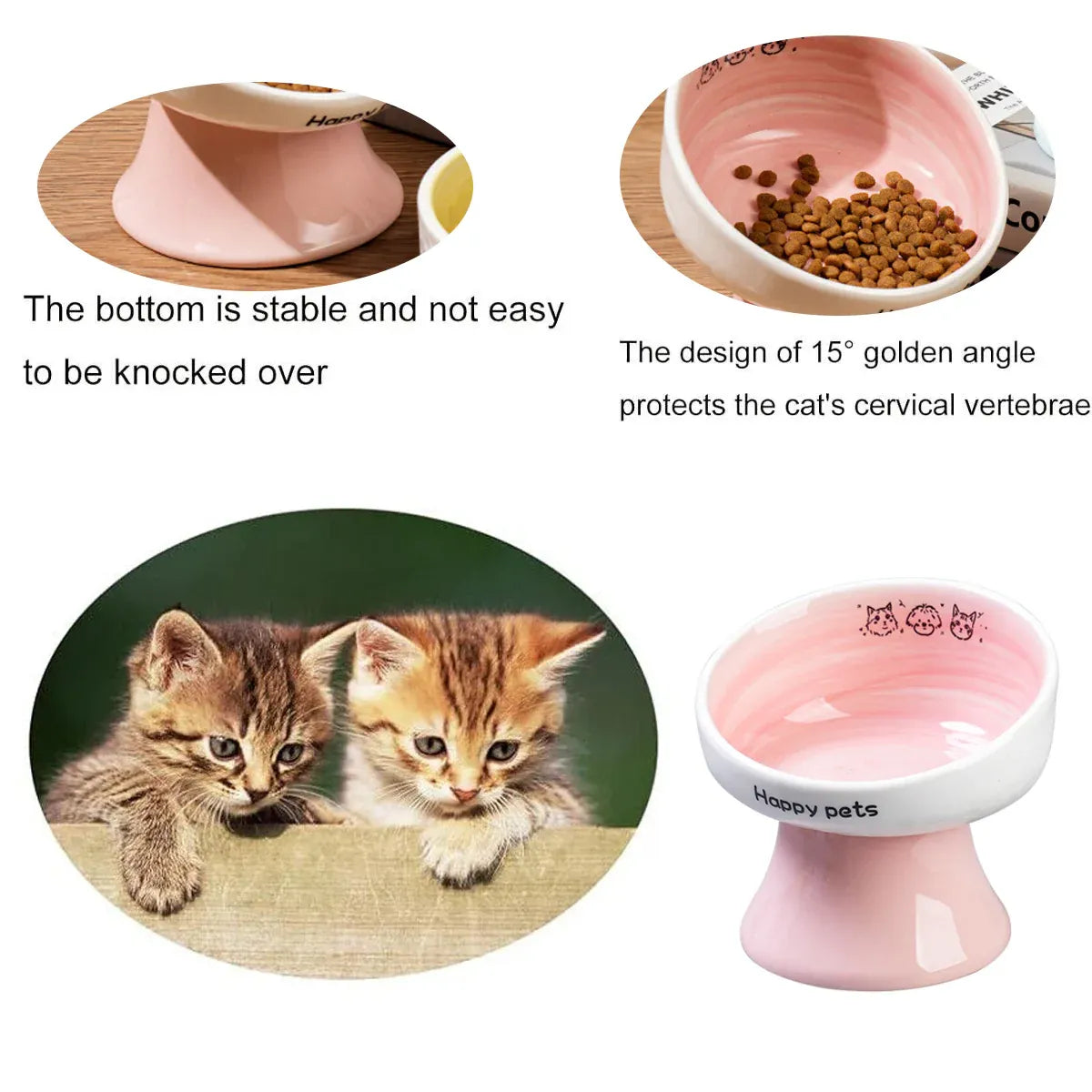 Tall Raised Ceramic Pet Bowl for Cats and Small Dogs in Blue or Pink - Pink