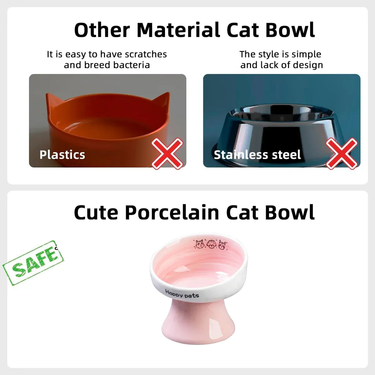 Tall Raised Ceramic Pet Bowl for Cats and Small Dogs in Blue or Pink - Pink
